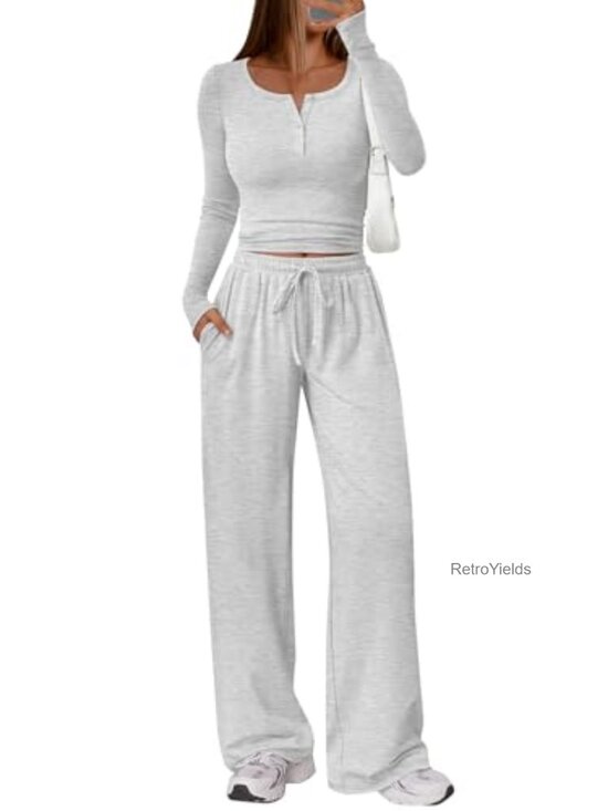 Pants - Women's 2 Piece Lounge Set Henley Neckline Wide Leg Pants